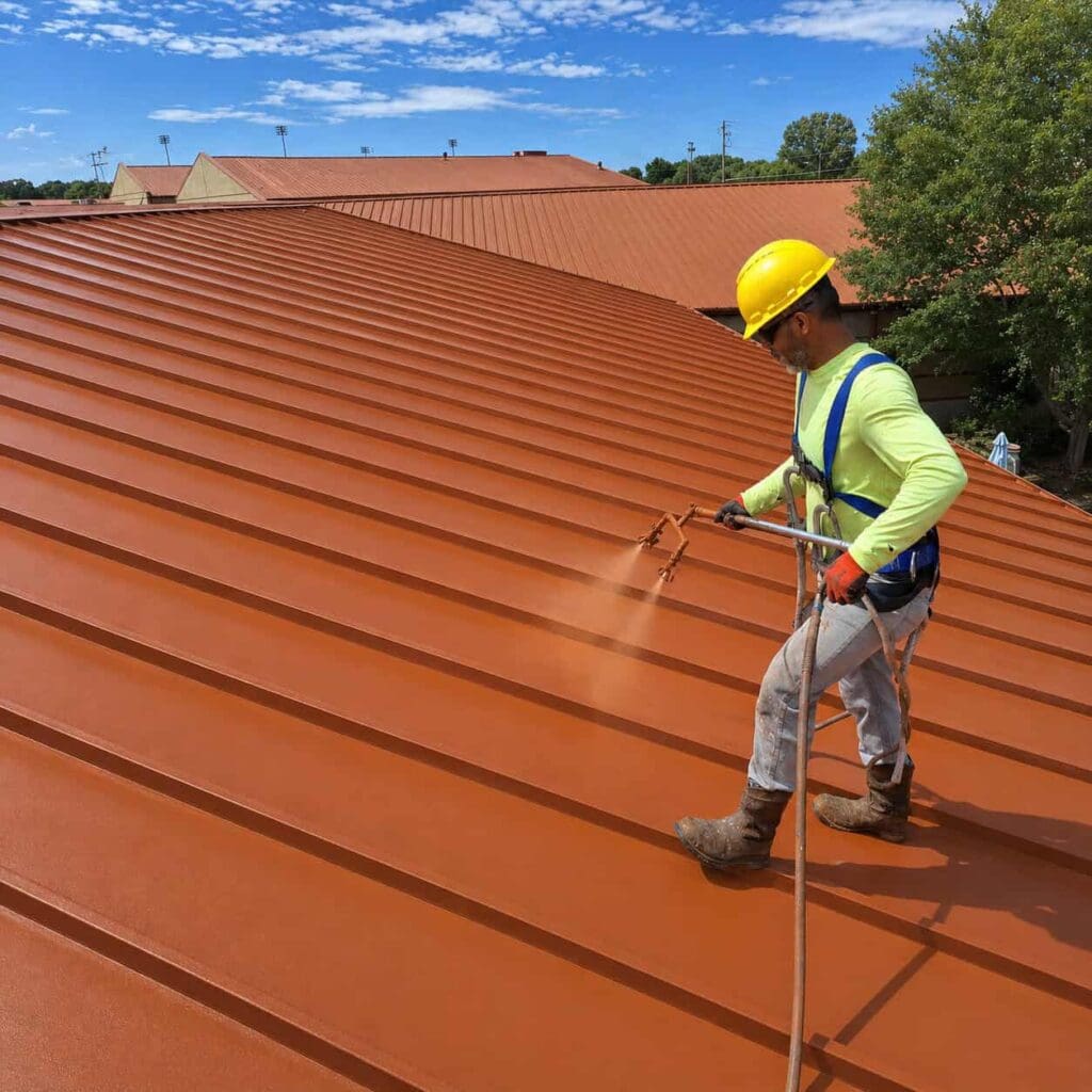 worker applying custom color acrylic over Saluda SC public school metal roof