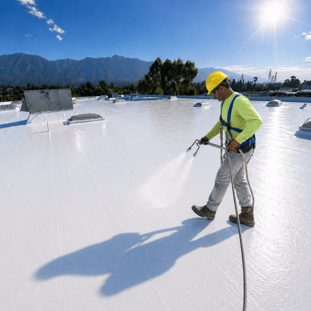 Worker applying white silicone roof coating on commercial roof